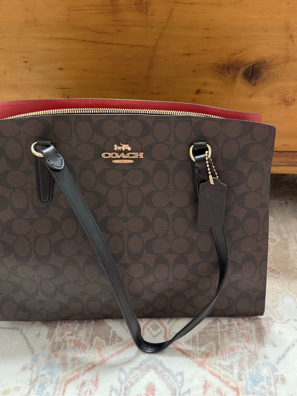 Coach Brown Signature Tote with Red Trim and Black Straps
